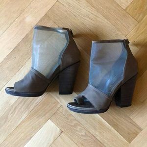 Miista women’s taupe leather & mesh ankle booties.